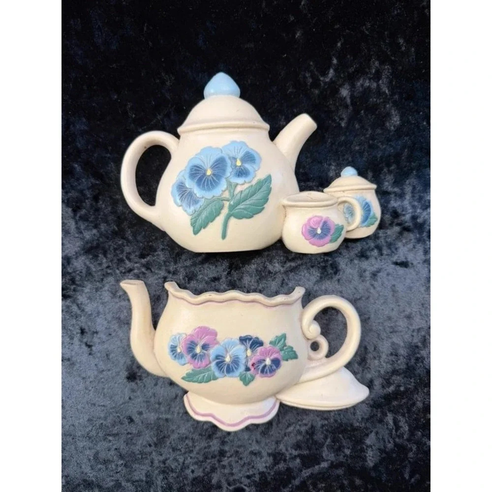 Vintage 1995 Burwood Pansy Teapot Wall Plaques Set of 2 USA Cottagecore